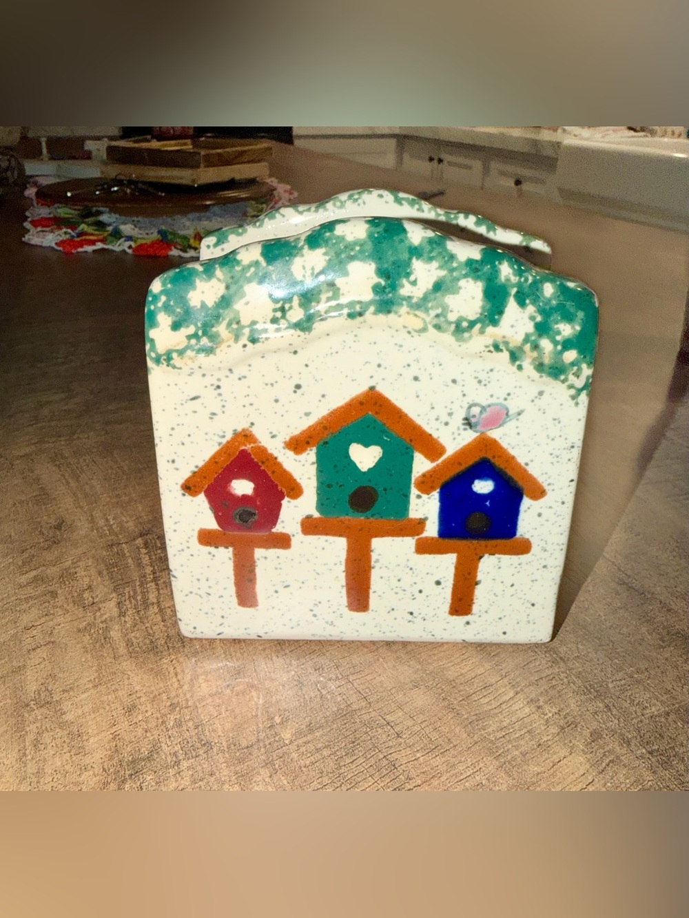 Ceramic Birdhouse Napkin Holder in Green, Blue & Red - Decorative Home Accent